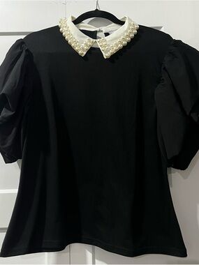 Black Puff Sleeve Top with Pearl-Trim Collar